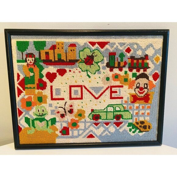 Vintage Needlepoint Embroidery Wall Hanging, Love Needlepoint Picture, Completed - Picture 1 of 10